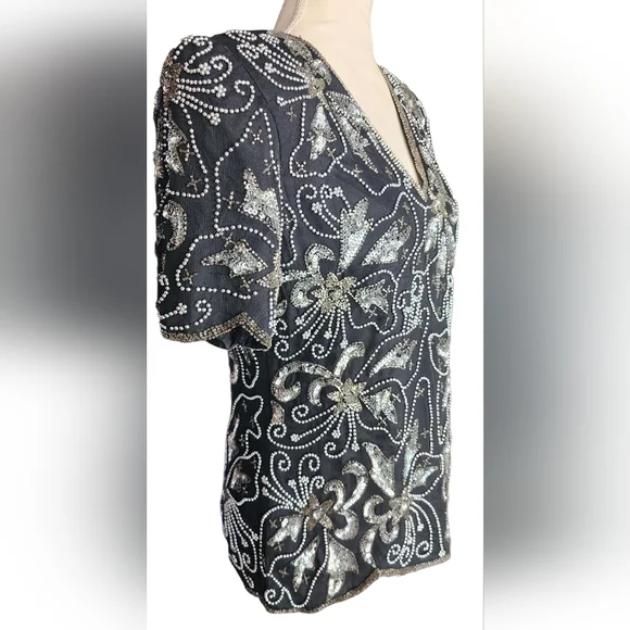 Papell Boutique Evening Vintage Silk Beaded Sequin Black Handmade Women's S Papell Boutique Evening Vintage Silk Beaded Sequin Black Handmade Women's S